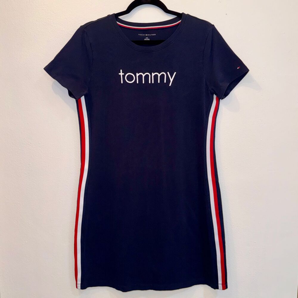 Tommy Hilfiger Womens M Navy Logo T-Shirt Dress Side Stripe Stretch Cotton Mini - Picture 3 of 6